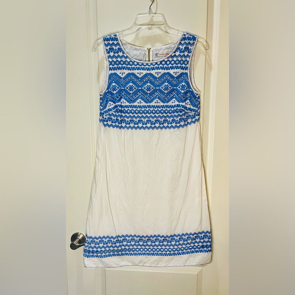 Cotton Embroidered Dress Sleeveless White and Blue M/L